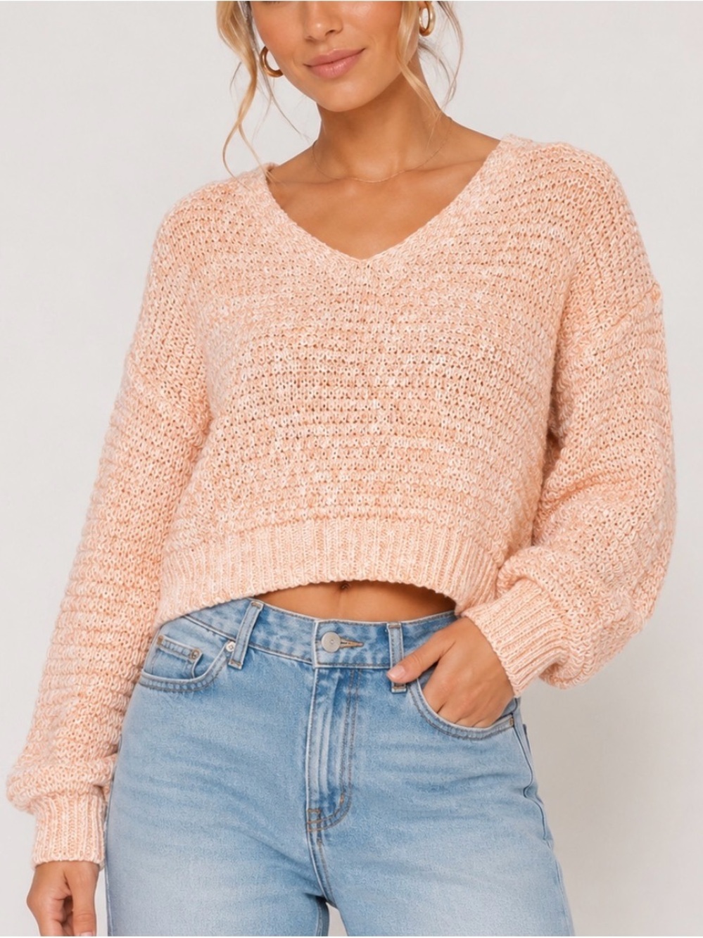 Pink Lily Women's Peach Knit V-Neck Sweater cropped loose knit SZ SM Fall/Autumn